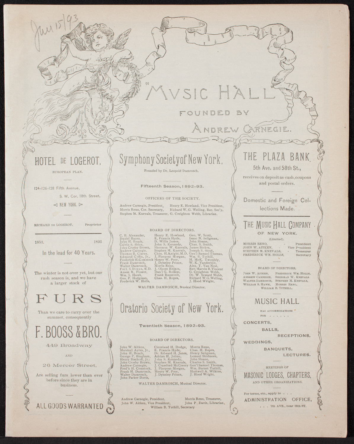 Damrosch Sunday Concert, January 15, 1893, program page 1