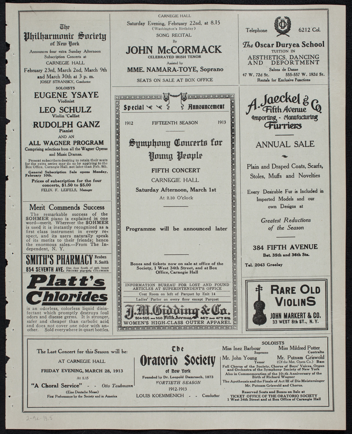 New York Philharmonic, February 9, 1913, program page 9