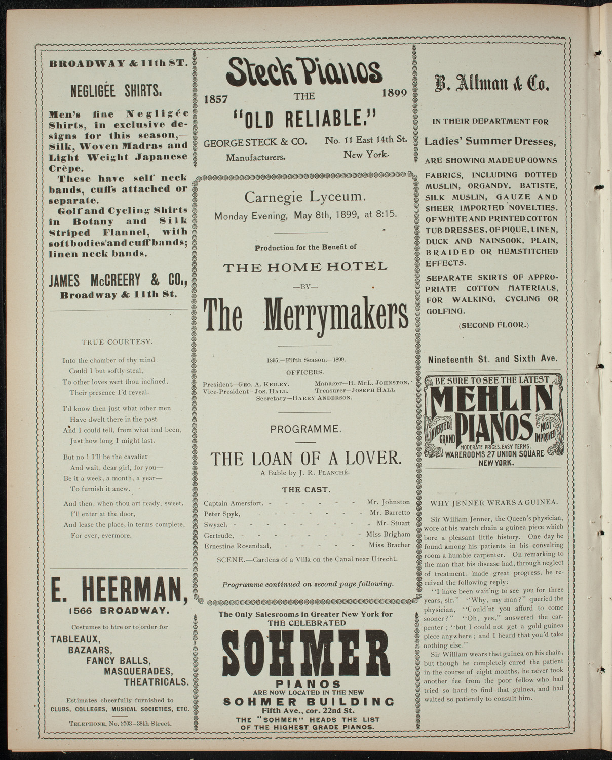 Benefit for the Home Hotel by The Merrymakers, May 8, 1899, program page 4