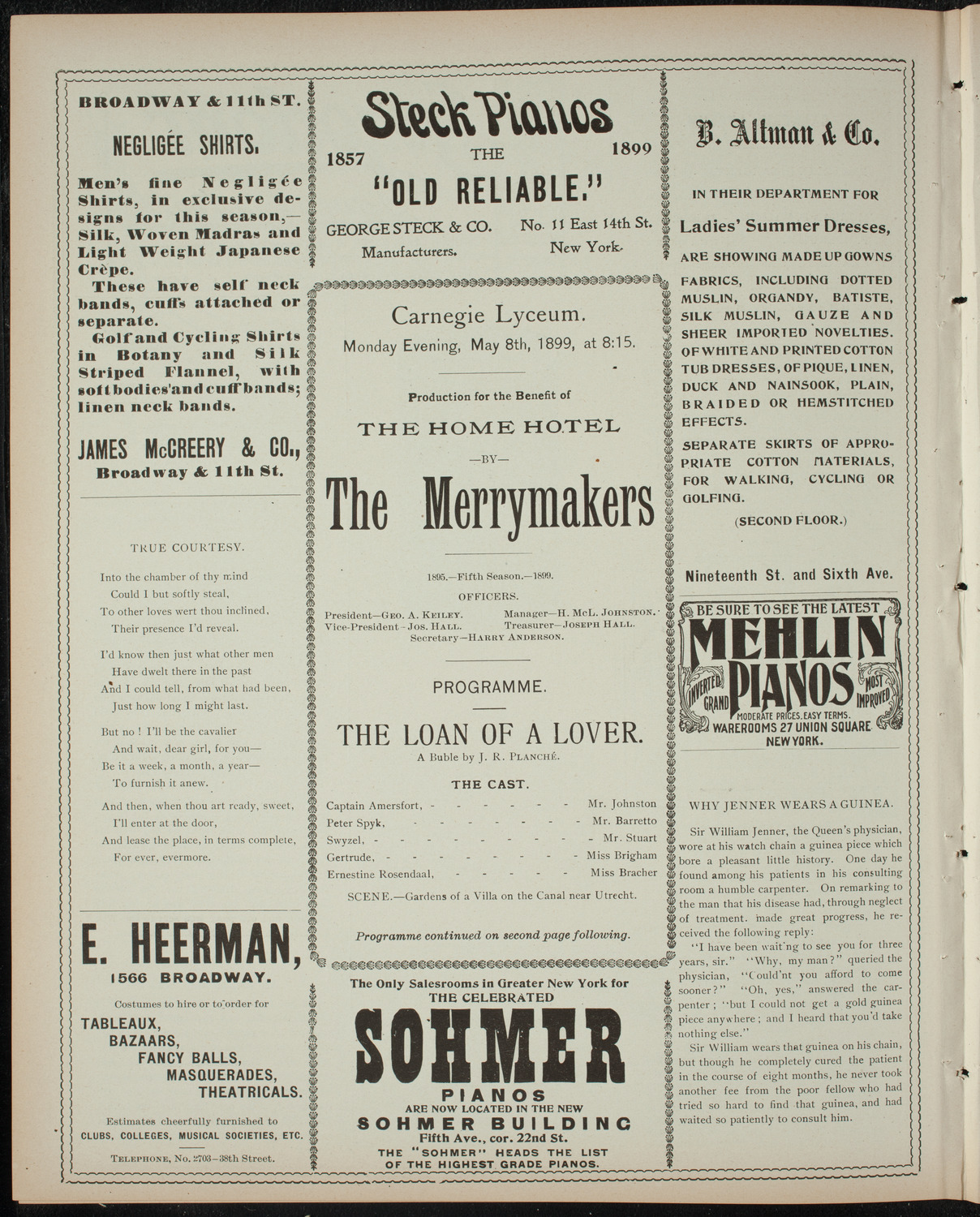 Benefit for the Home Hotel by The Merrymakers, May 8, 1899, program page 4