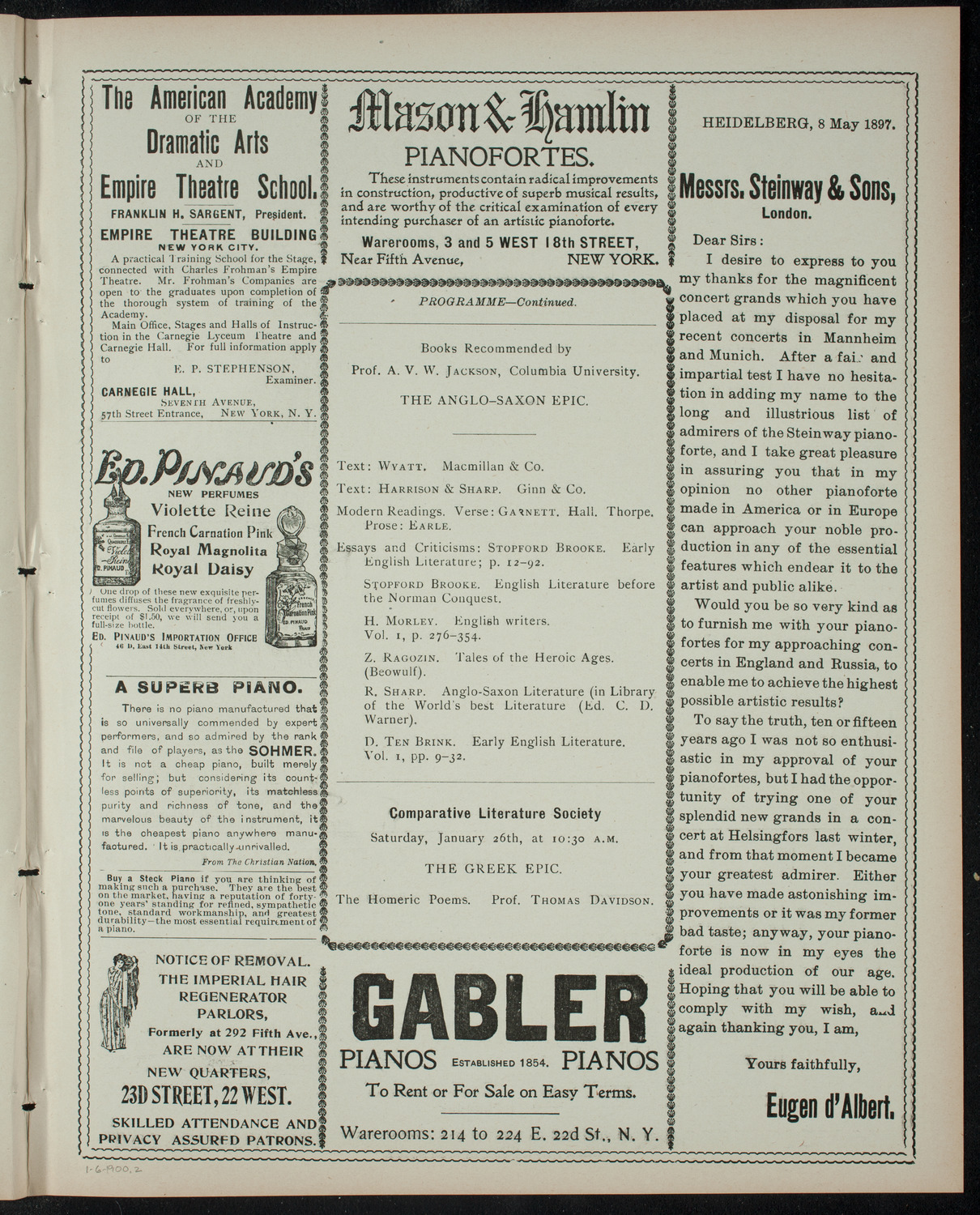 Comparative Literature Society, January 6, 1900, program page 3