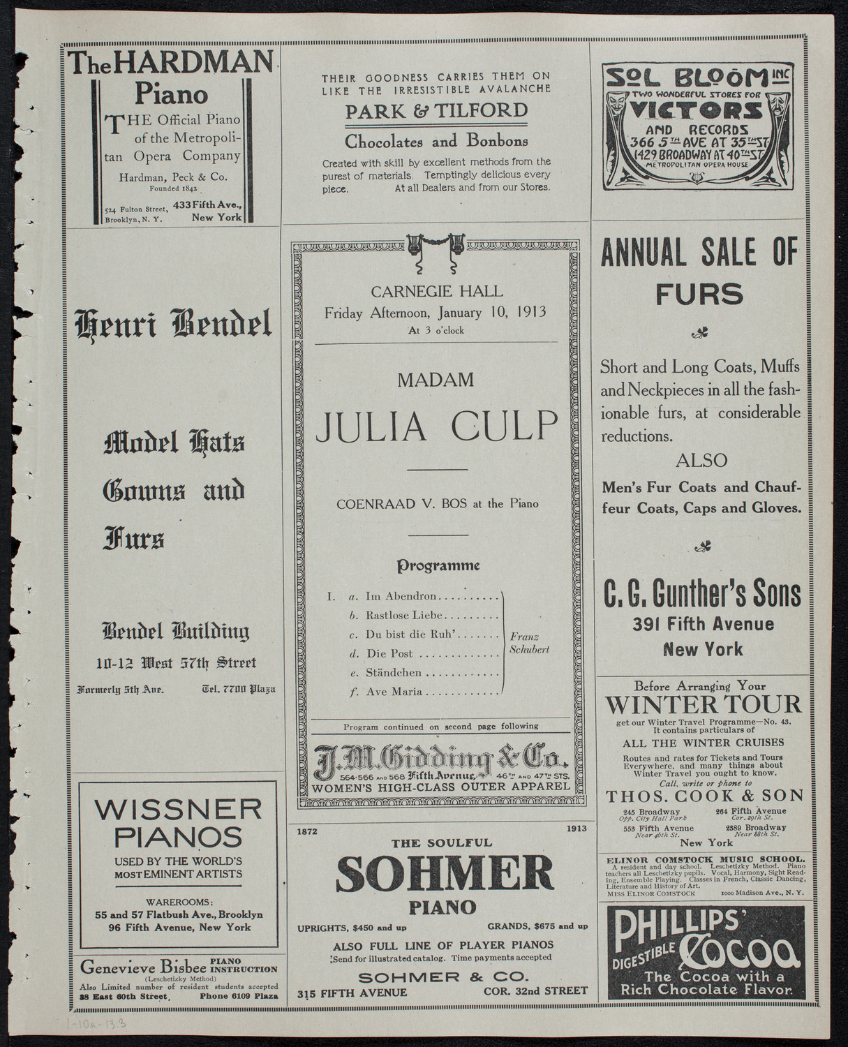 Julia Culp, Contralto, January 10, 1913, program page 5