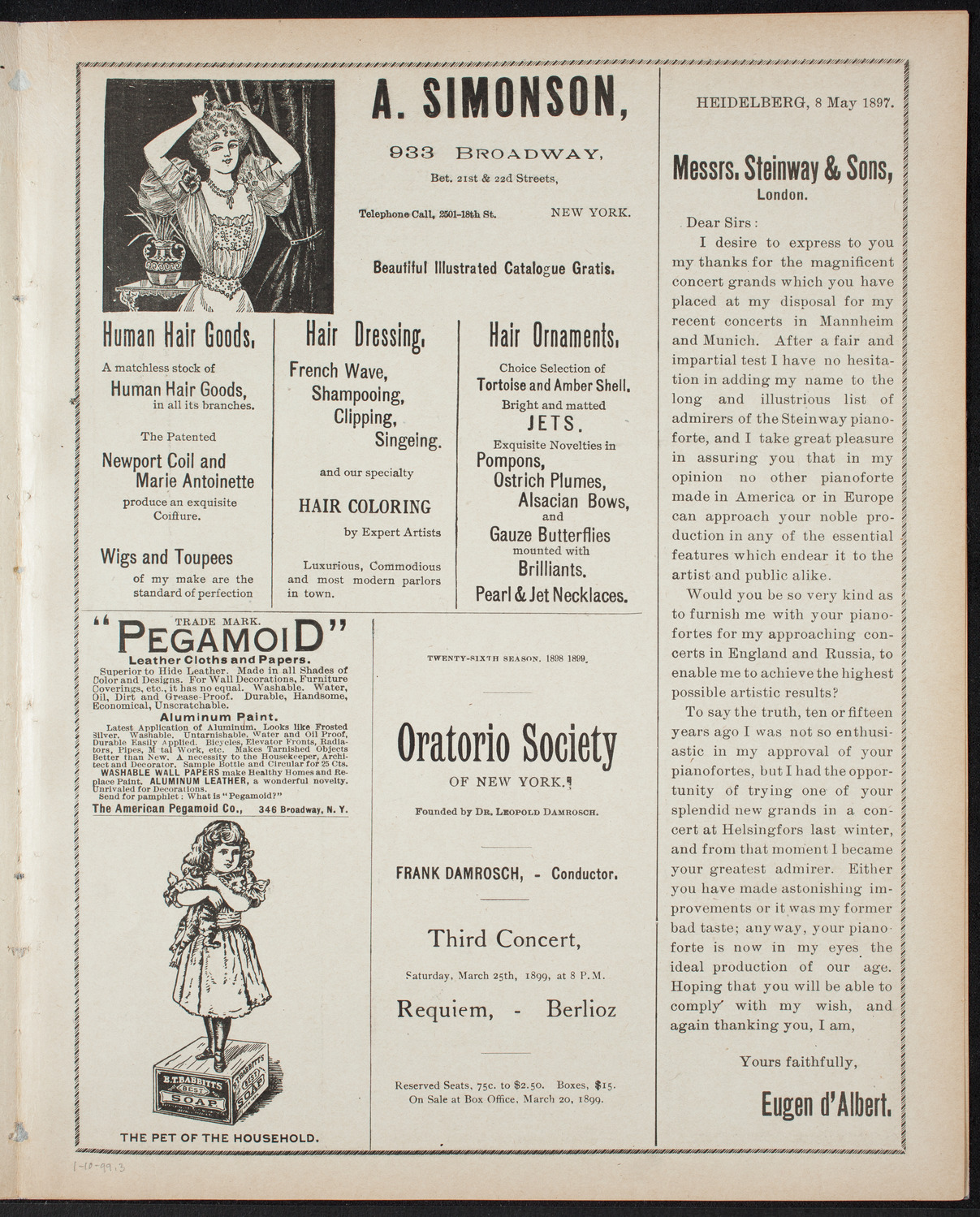 Lilli Lehmann, Soprano, January 10, 1899, program page 5