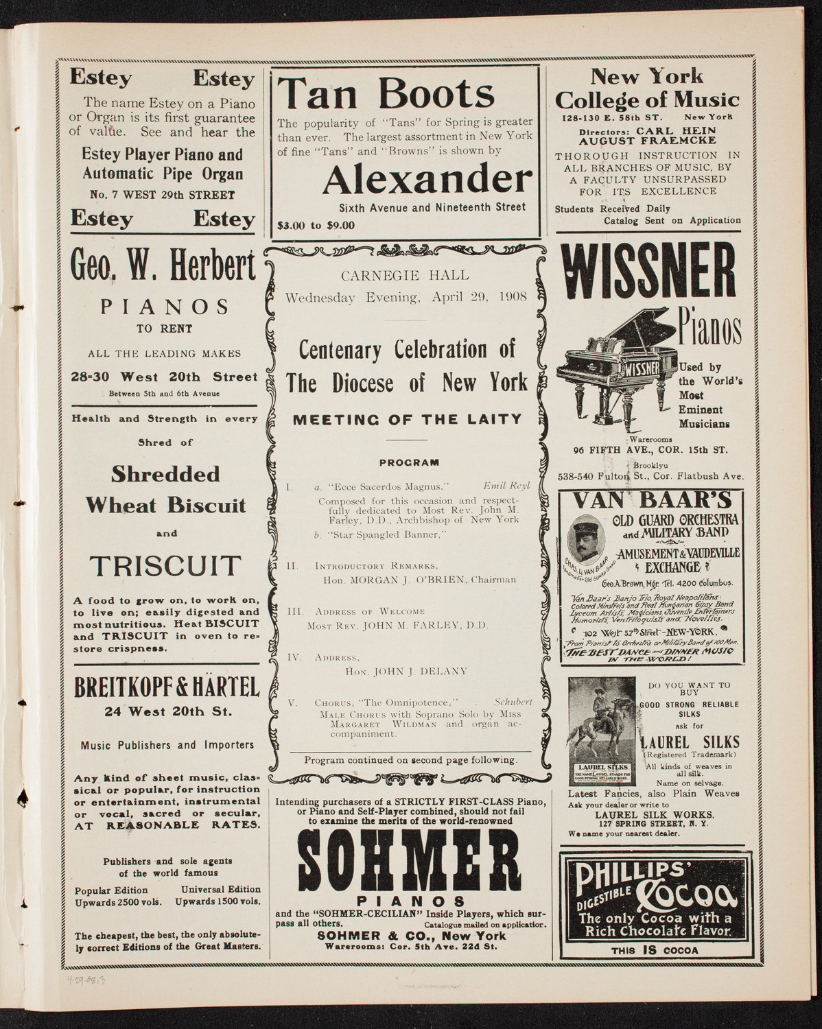 Centenary Celebration of The Diocese of New York, April 29, 1908, program page 5