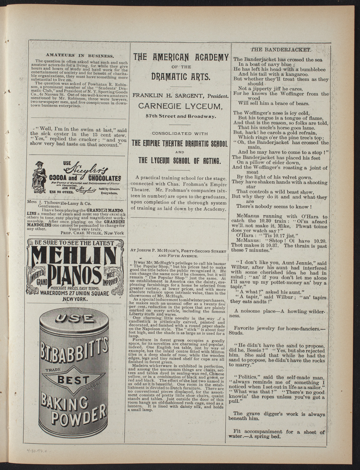 First Presentation of "A Pair of Bellows" and "Petticoat Perfidy", April 30, 1897, program page 7