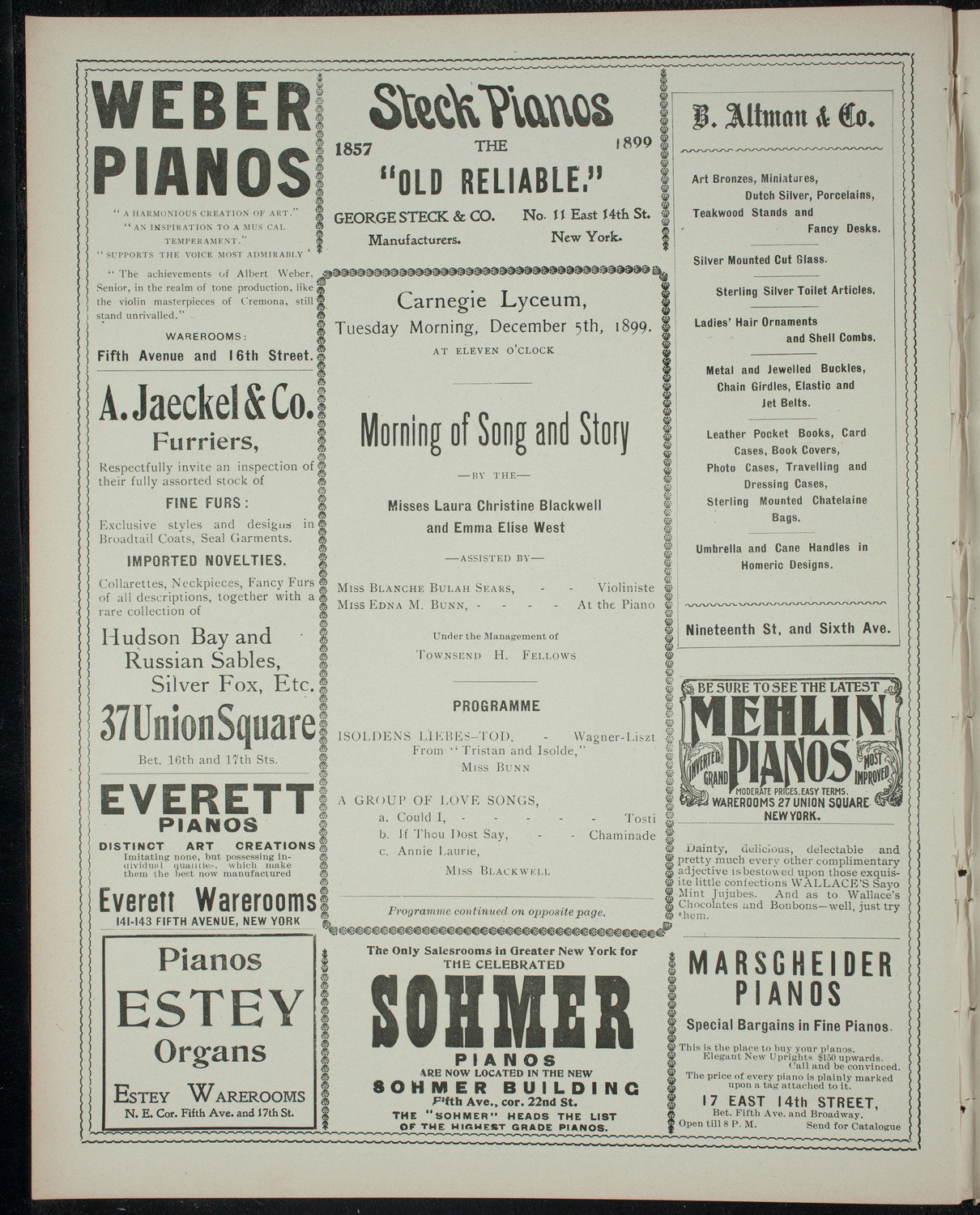 Morning of Song and Story, December 5, 1899, program page 2