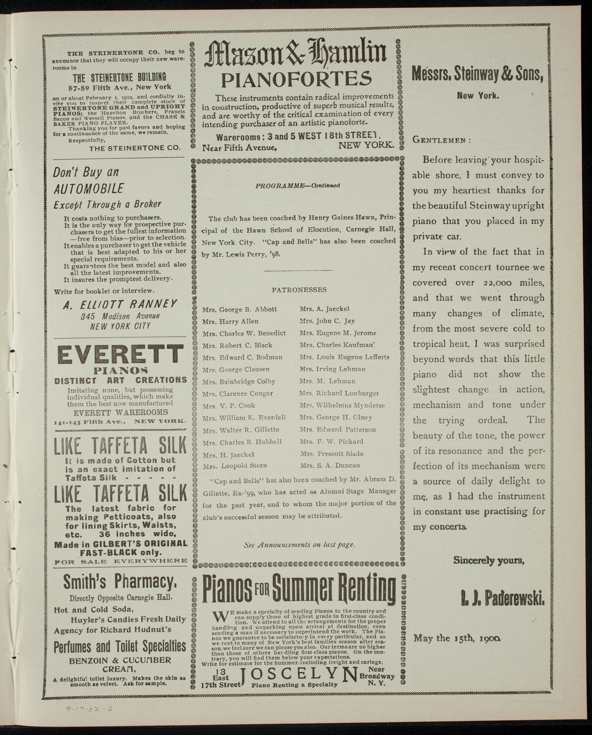 Williams College Dramatic Club "Cap and Bells", April 17, 1902, program page 3