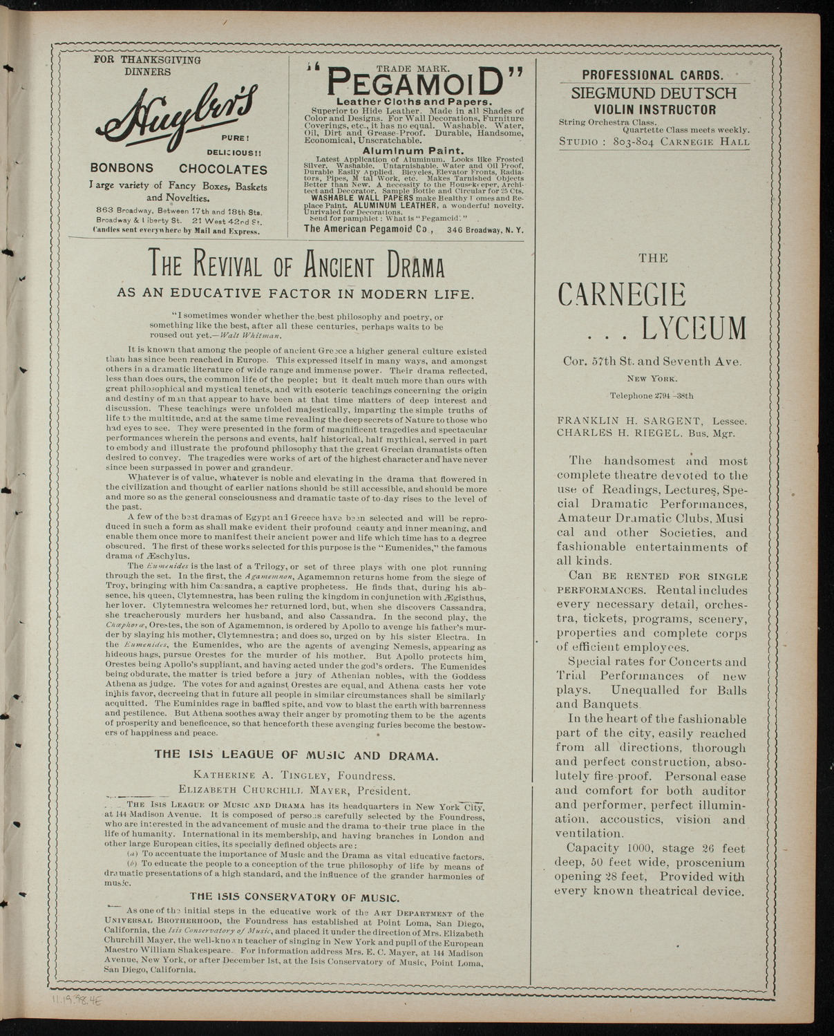 Isis League of Music and Drama Student Production, November 19, 1898, program page 7