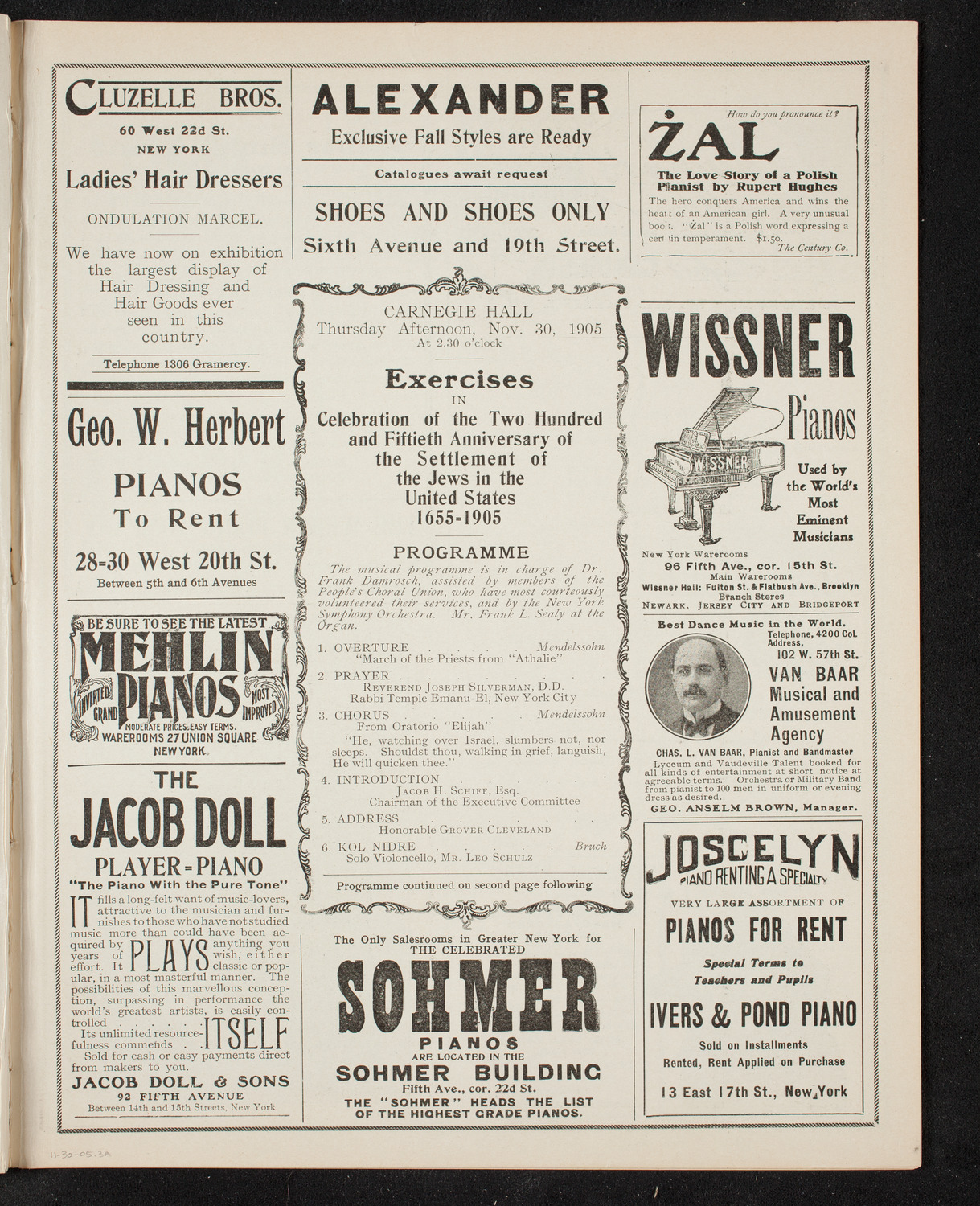 250th Anniversary of the Settlement of the Jews in the United States 1605-1905, November 30, 1905, program page 5
