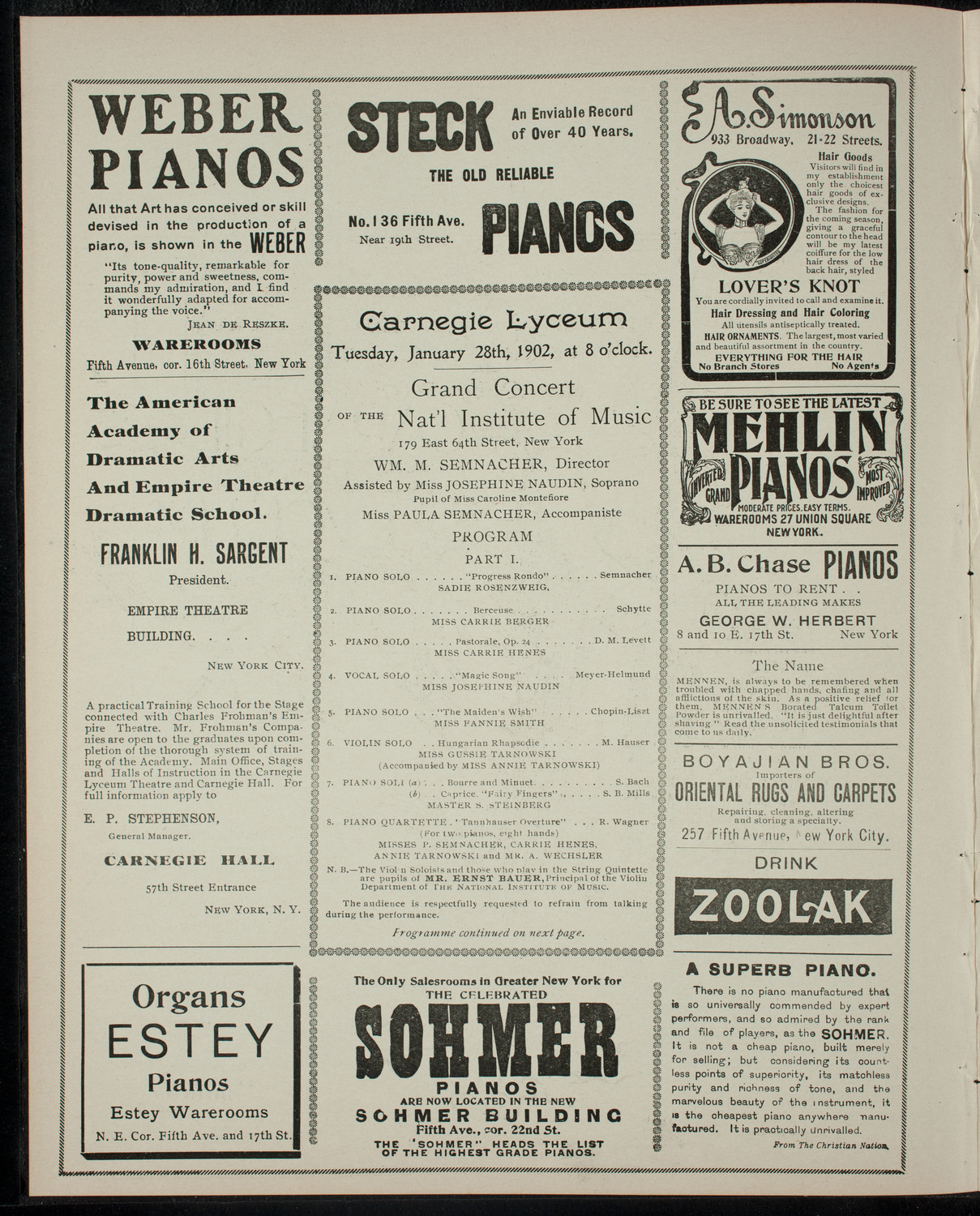 Grand Concert of the National Institute of Music, January 28, 1902, program page 2