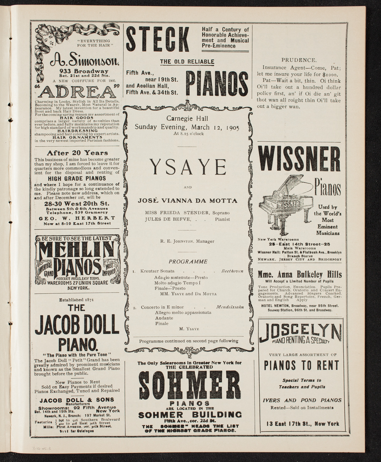 Eugène Ysaÿe, Violin, March 12, 1905, program page 5