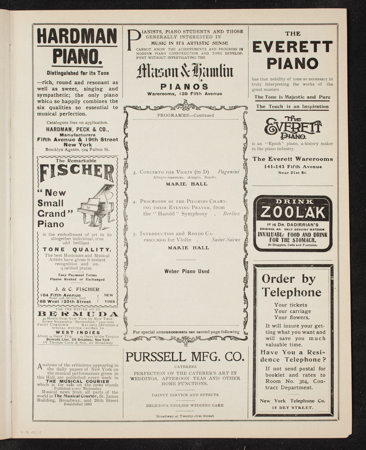 Marie Hall, November 8, 1905, program page 7