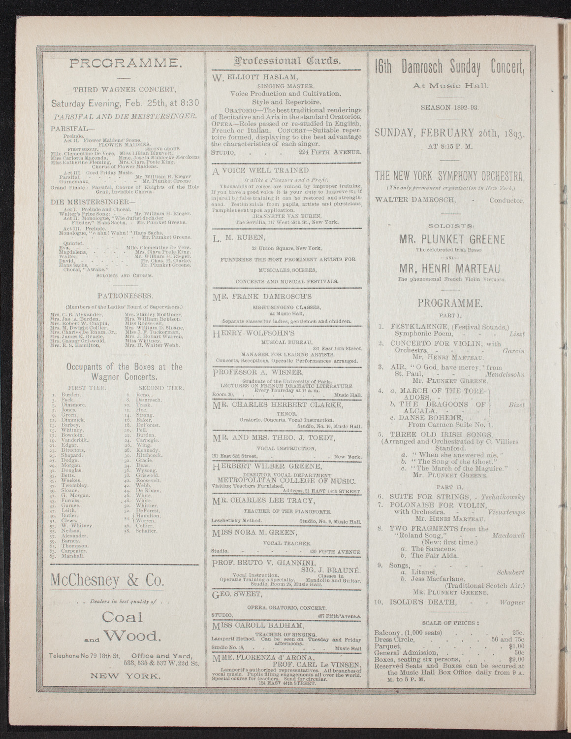 Second Grand Wagner Concert, February 23, 1893, program page 2