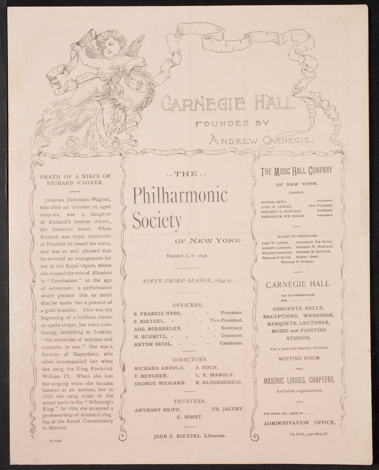 New York Philharmonic, November 16, 1894, program page 1