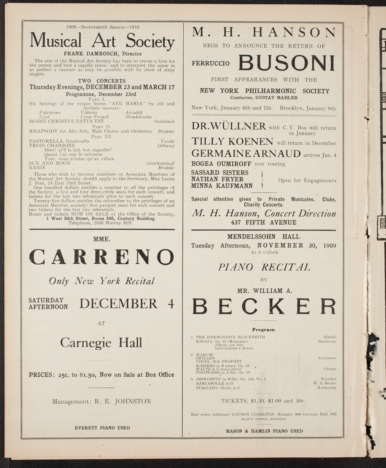 New York Philharmonic, November 26, 1909, program page 10