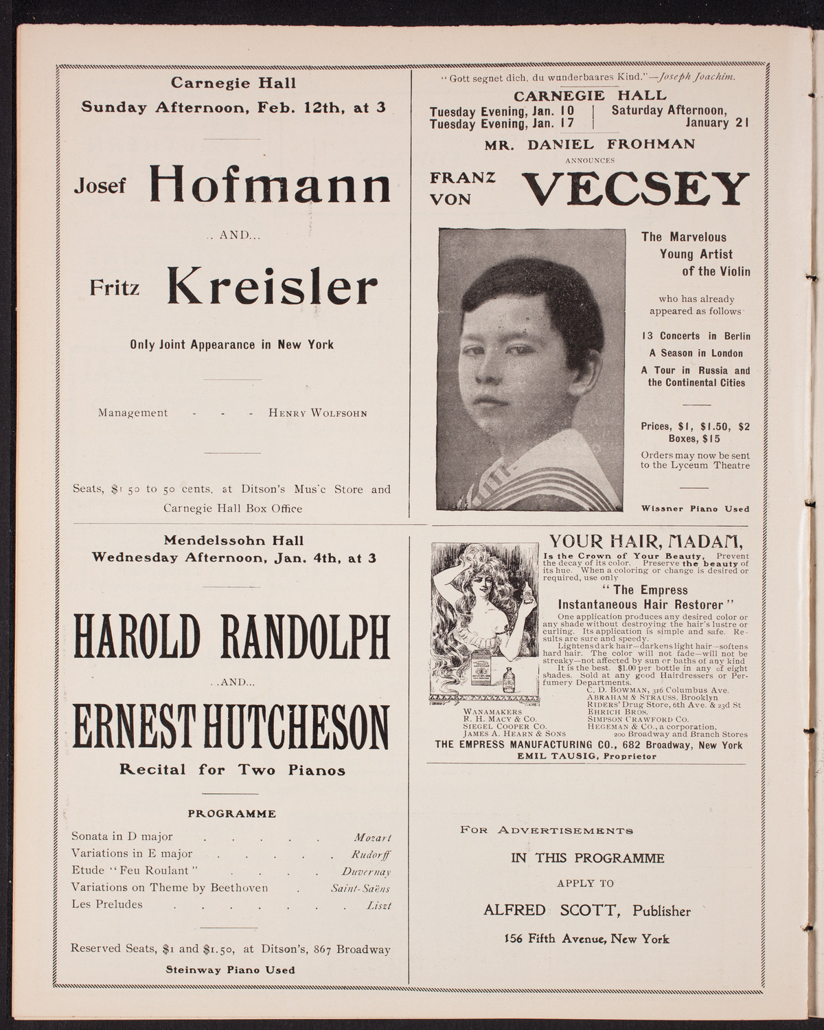 Fritz Kreisler, Violin, with the New York Symphony Orchestra, January 3, 1905, program page 10