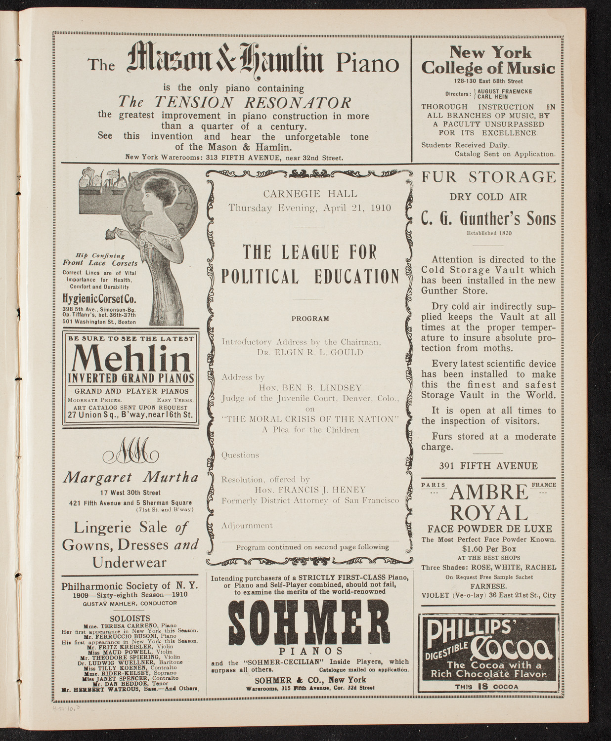 Meeting: The League for Political Education, April 21, 1910, program page 5