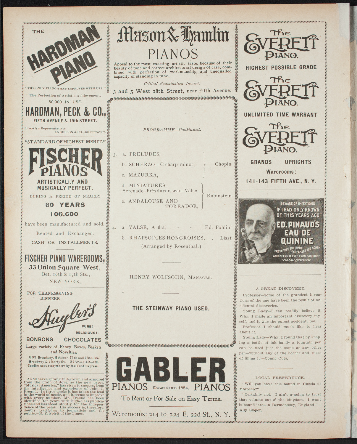 Moriz Rosenthal, Piano, November 19, 1898, program page 6