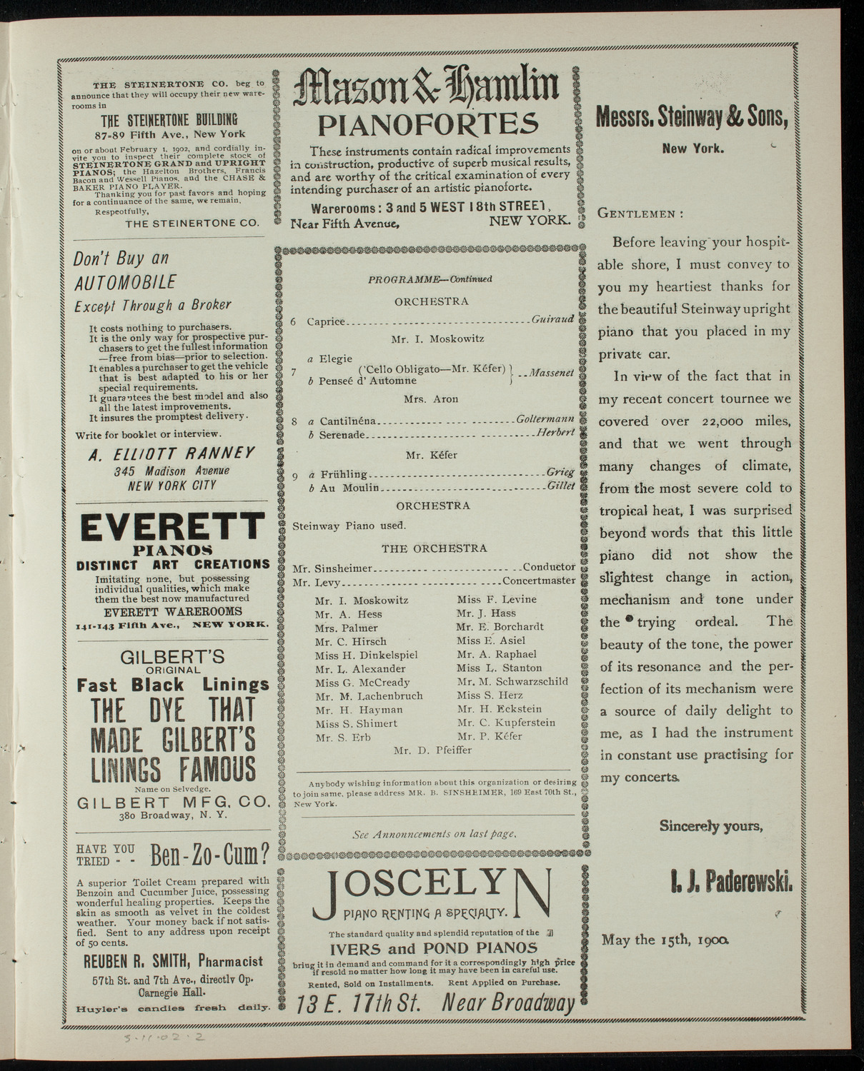 Concert Given By the String Orchestra of Bernard Sinsheimer's Pupils, March 11, 1902, program page 3