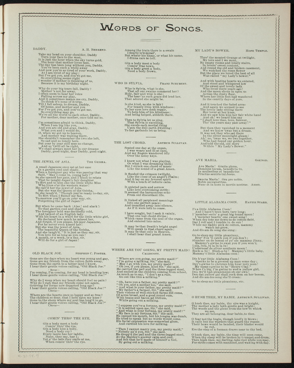 Veltin Alumni "Song Folio", April 21, 1898, program page 7