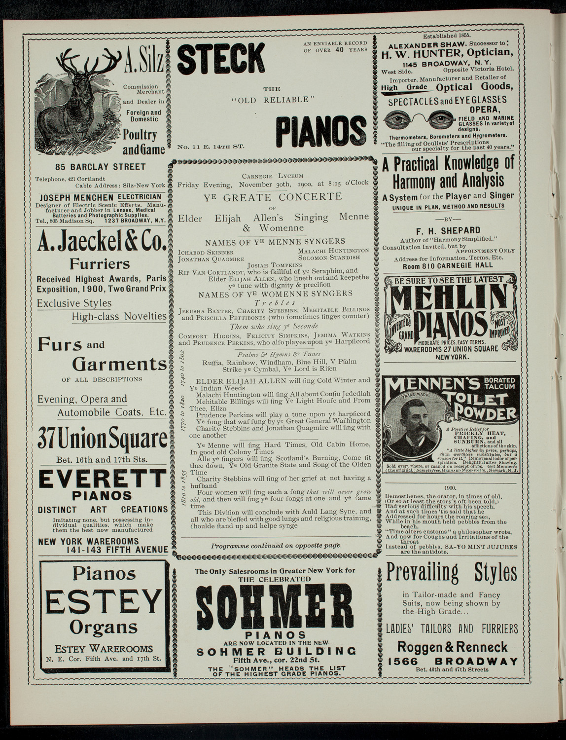 Ye Greate Concerte of Elder Elijah Allen's Singing Menne and Womenne, November 30, 1900, program page 2
