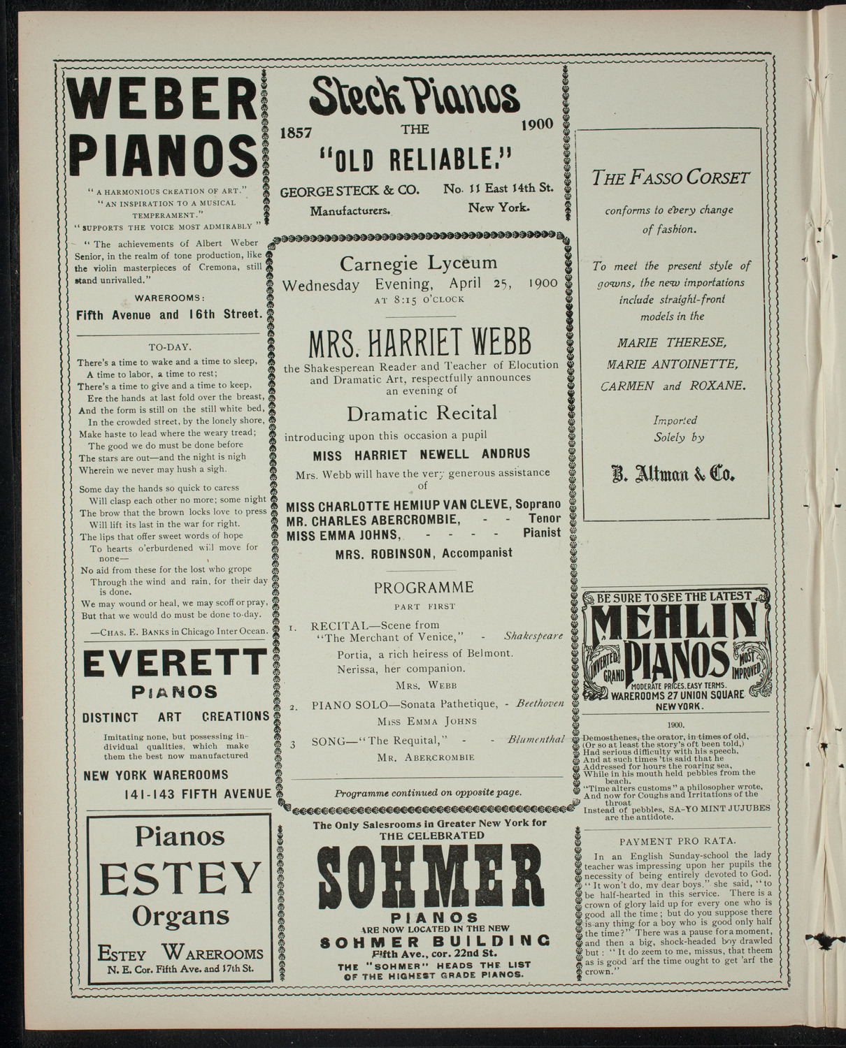 Dramatic Recital presented by Mrs. Harriet Webb, April 25, 1900, program page 2