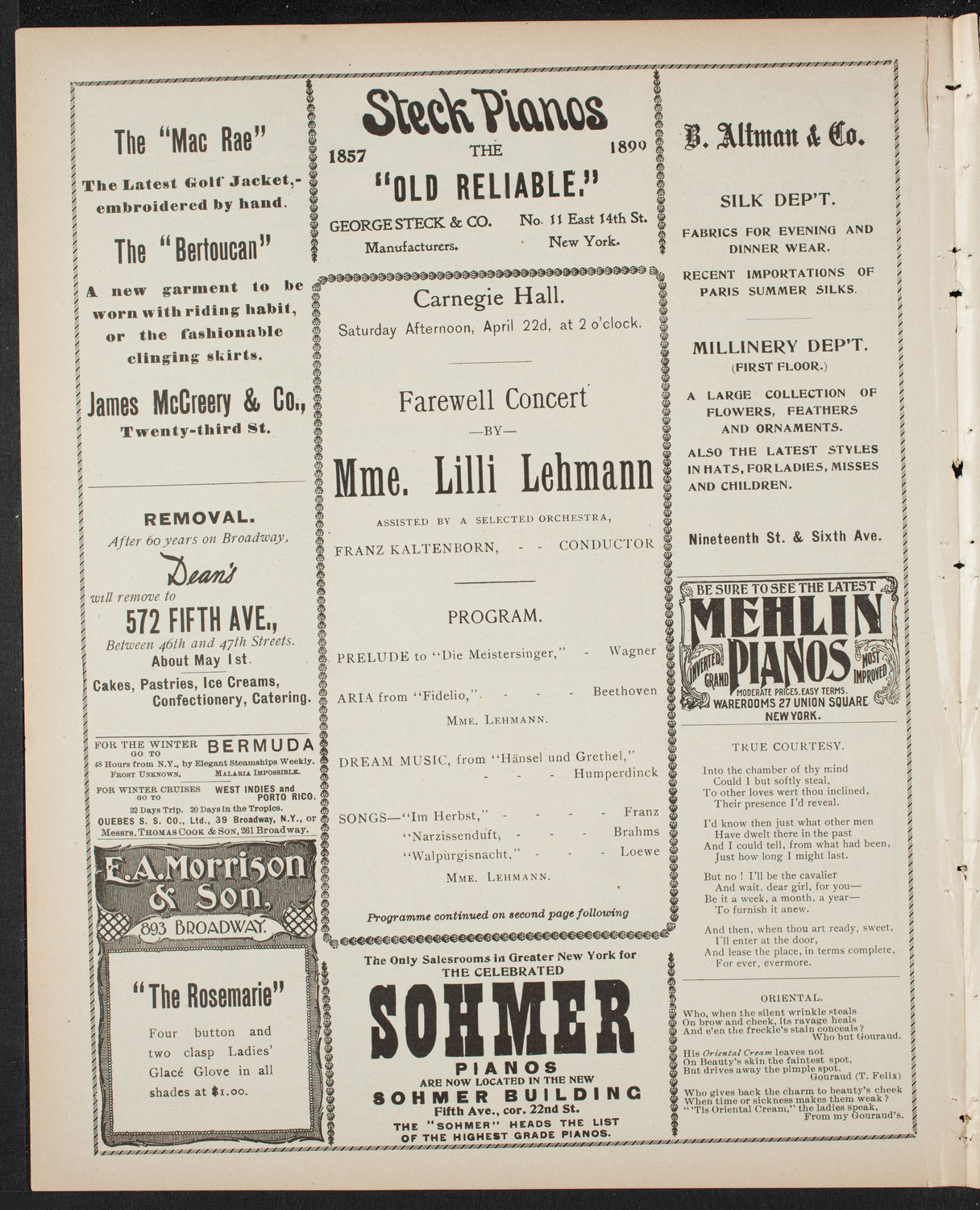 Lilli Lehmann, Soprano, with Orchestra, April 22, 1899, program page 4