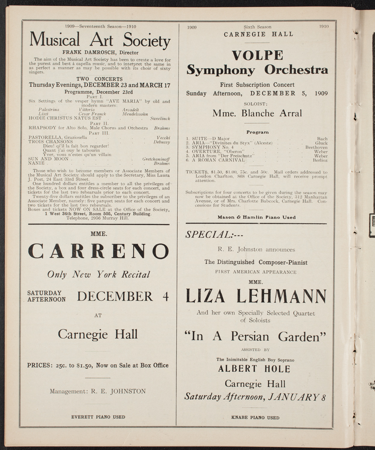 Pepito Arriola, Piano, December 3, 1909, program page 10