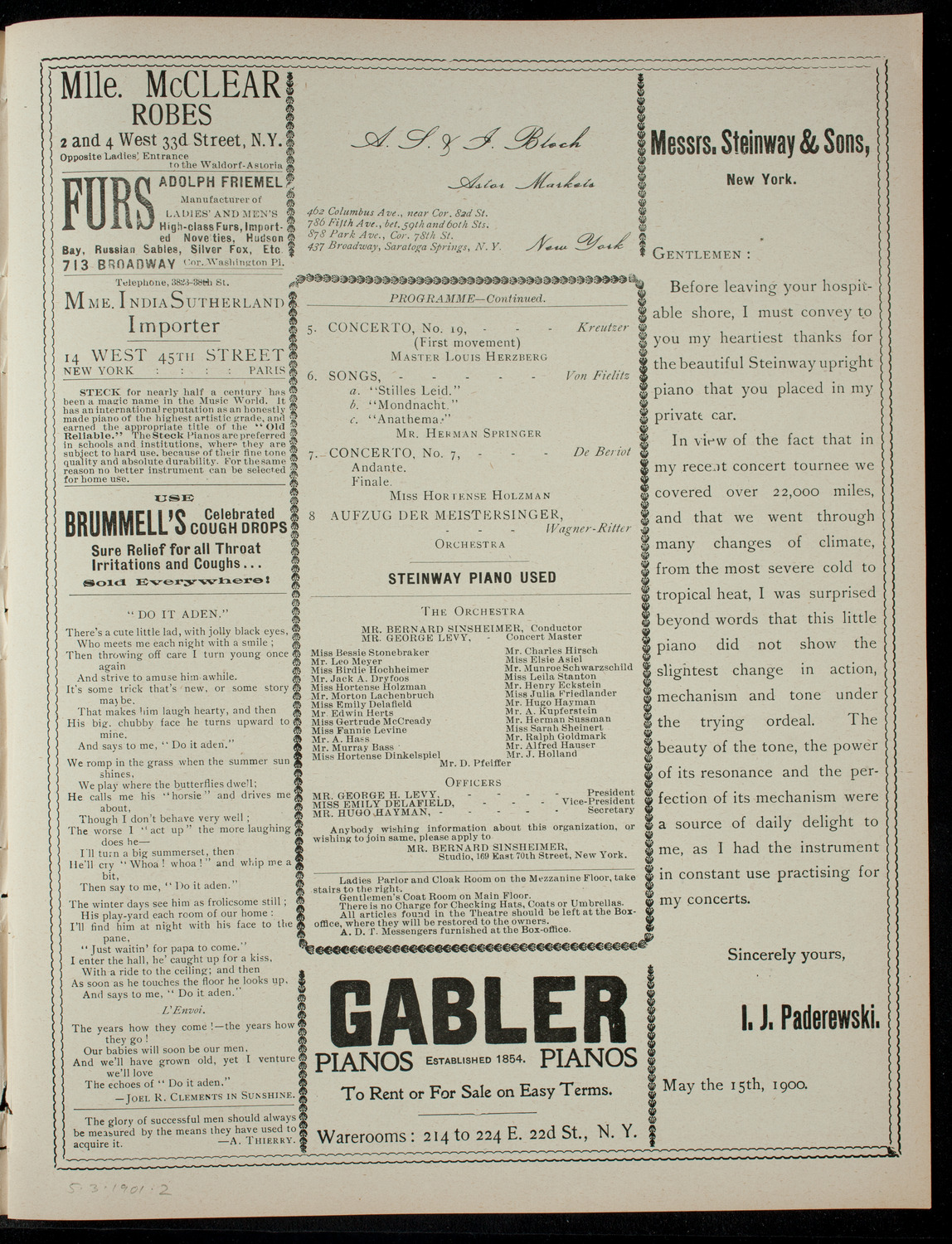Concert of the String Orchestra Founded by Pupils of Mr. Bernard Sinsheimer, May 3, 1901, program page 3