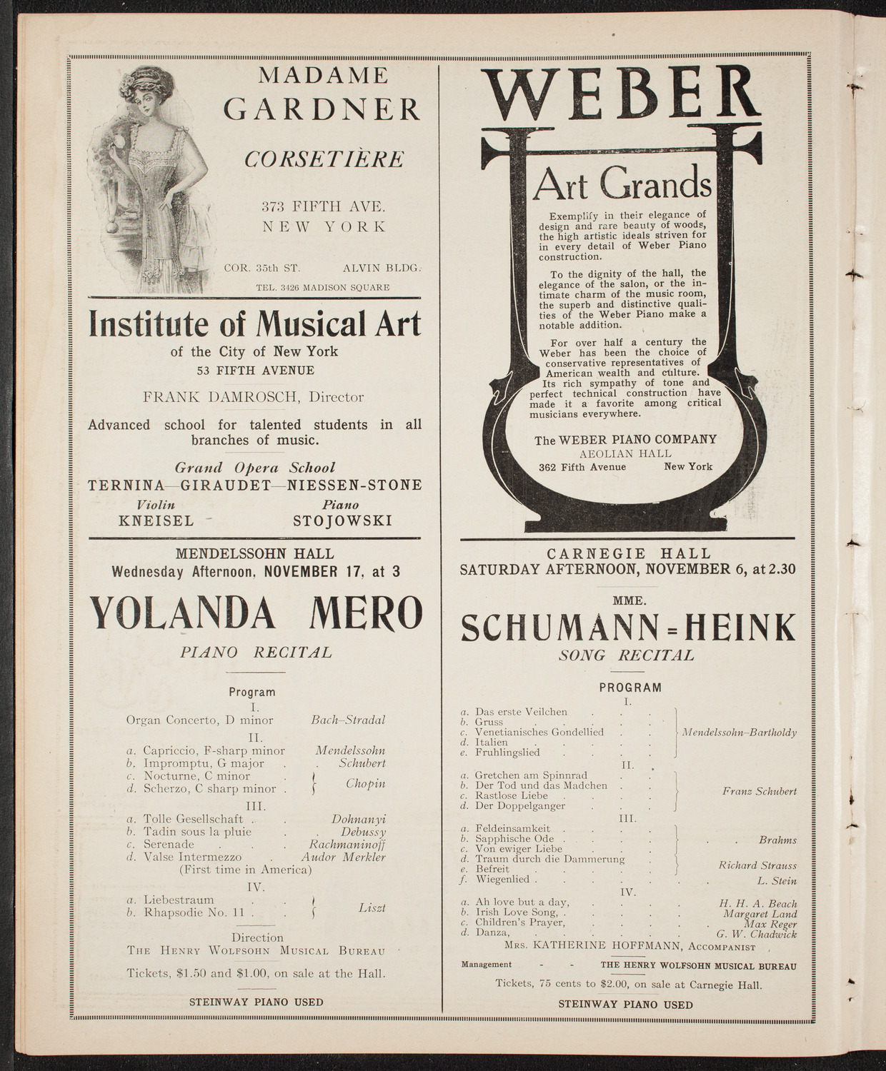 Yolanda Mero with the Russian Symphony Orchestra, November 3, 1909, program page 6