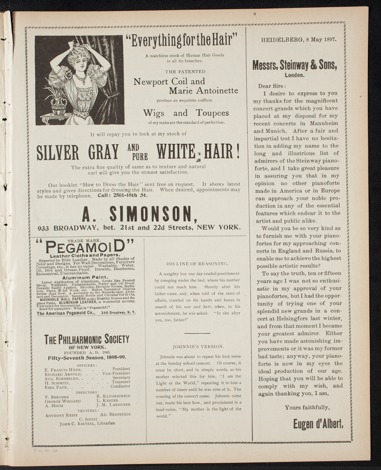 Lilli Lehmann, Soprano, with Orchestra, April 22, 1899, program page 5