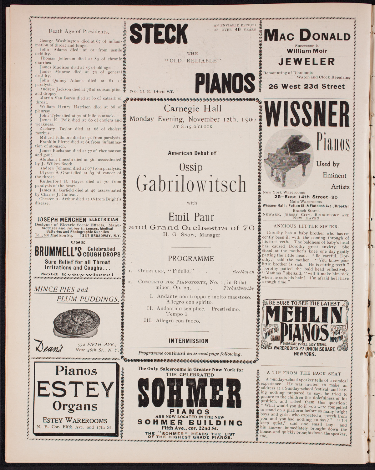 Ossip Gabrilowitsch, Piano, with Orchestra, November 12, 1900, program page 4