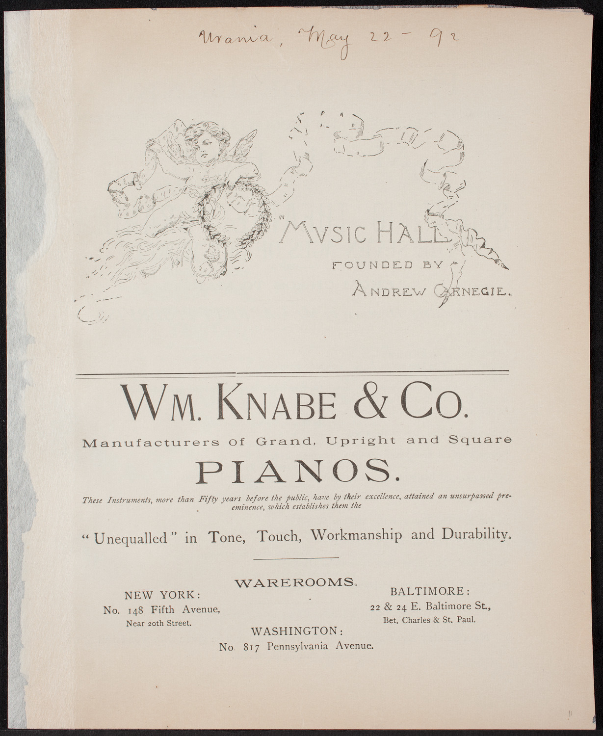 Urania Scientific Theatre, May 22, 1892, program page 1