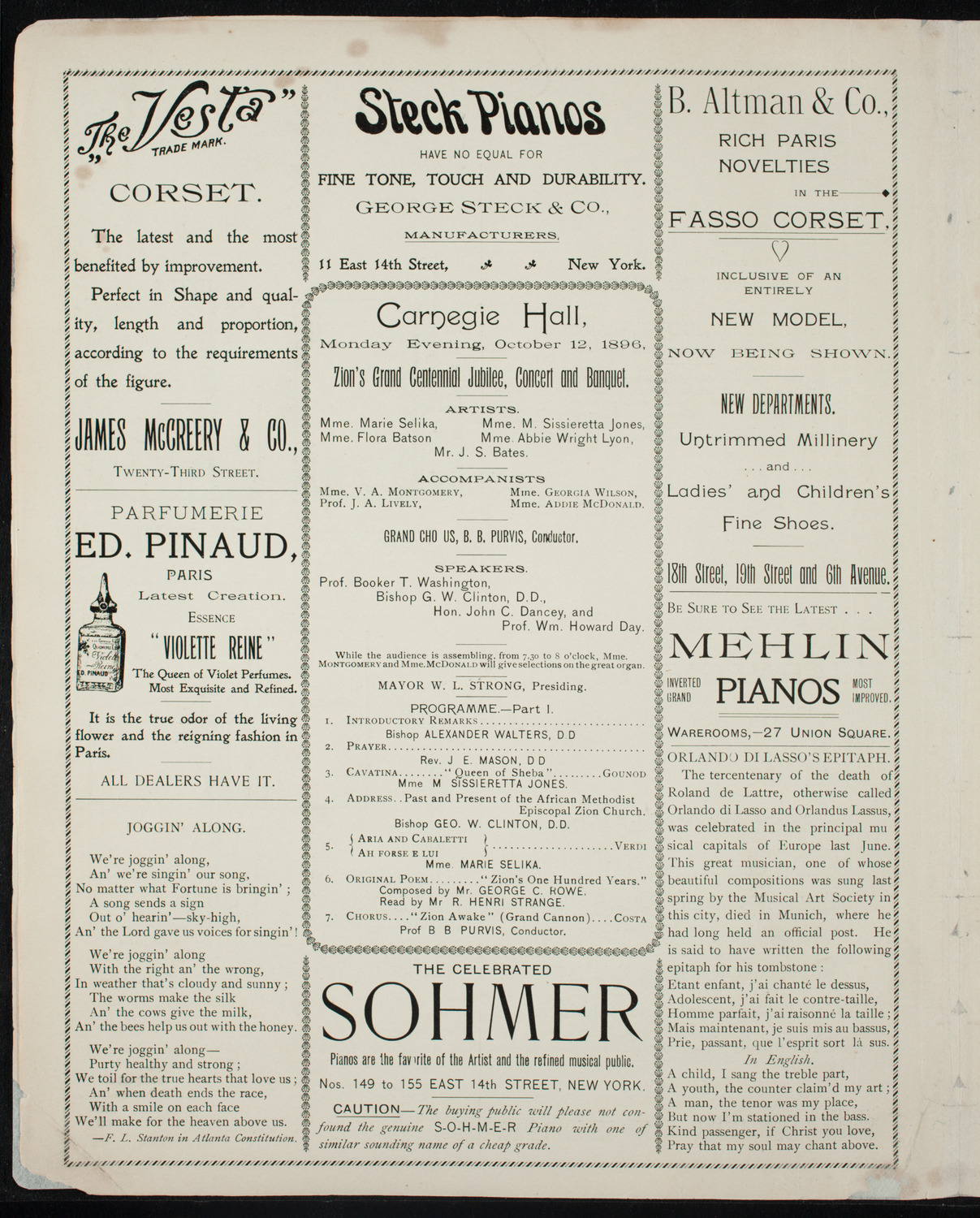 Zion Grand Centennial Jubilee, Concert and Banquet, October 12, 1896, program page 4