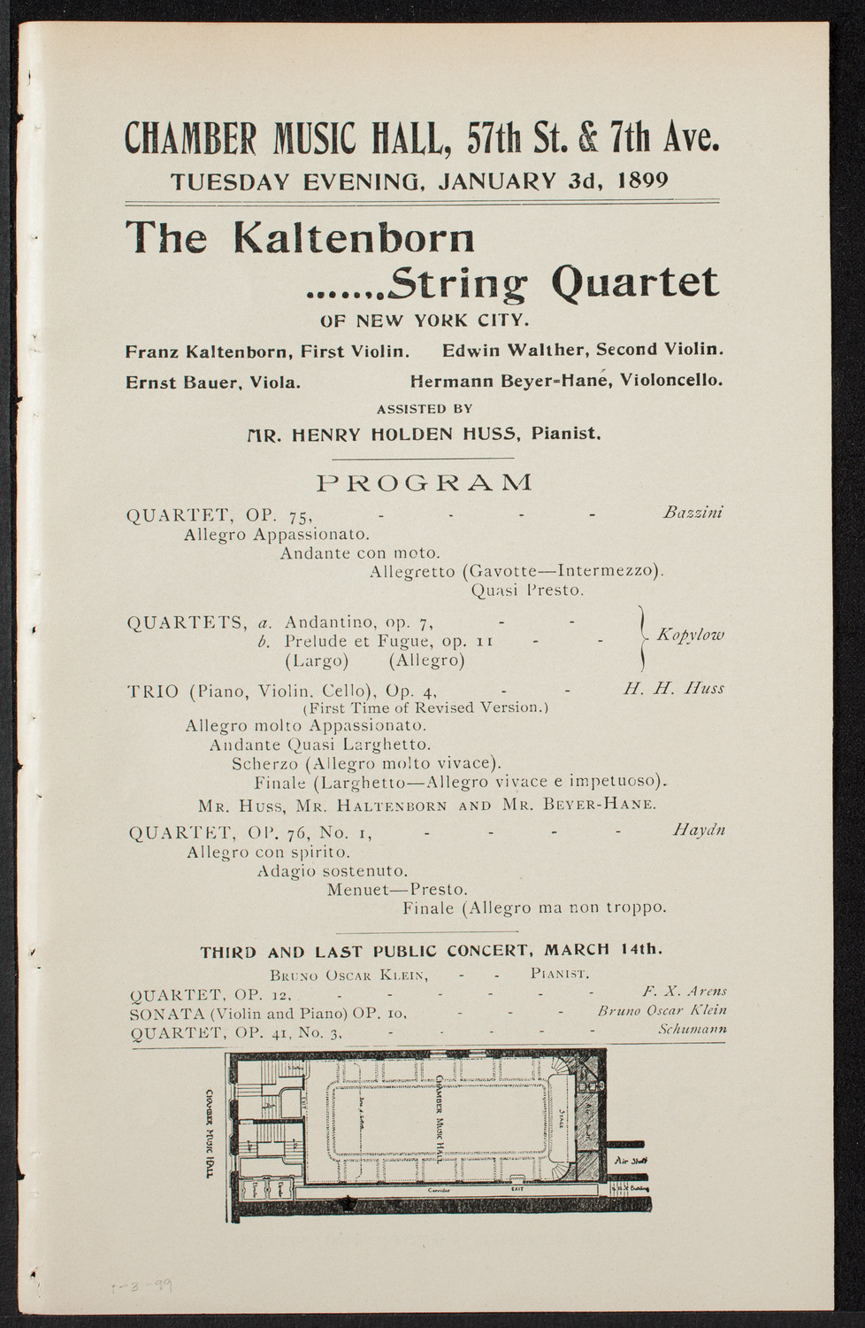 Kaltenborn String Quartet, January 3, 1899, program page 1