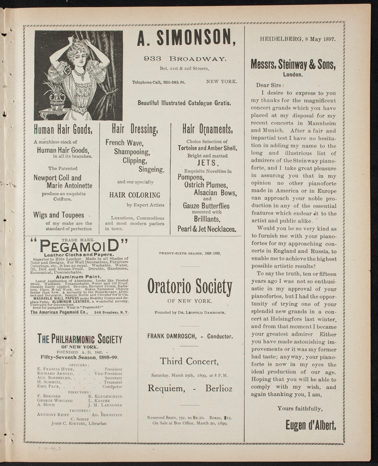 Paur Symphony Orchestra, February 17, 1899, program page 5