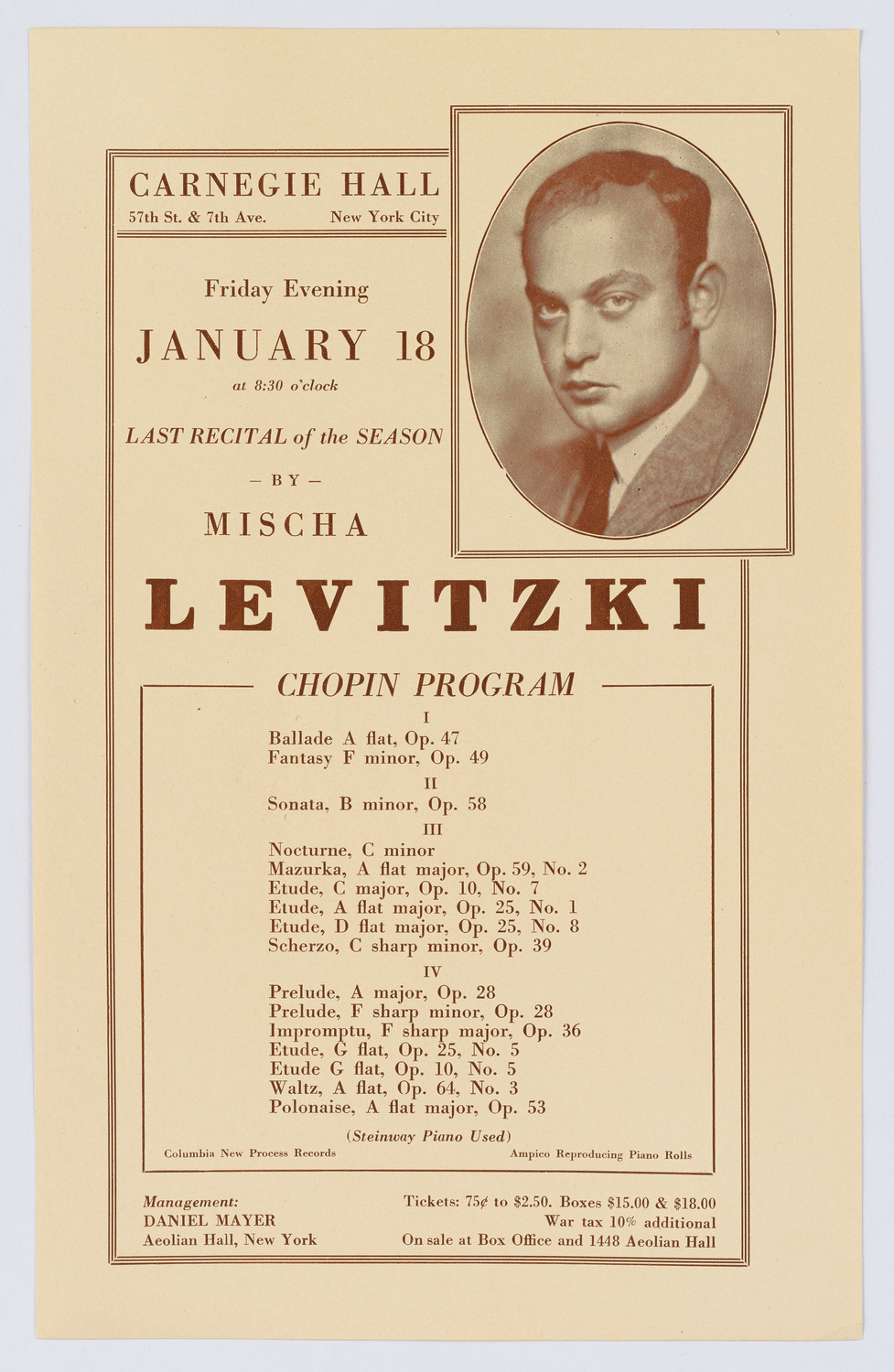 Cancelled Concert: Mischa Levitzki, January 18, 1924