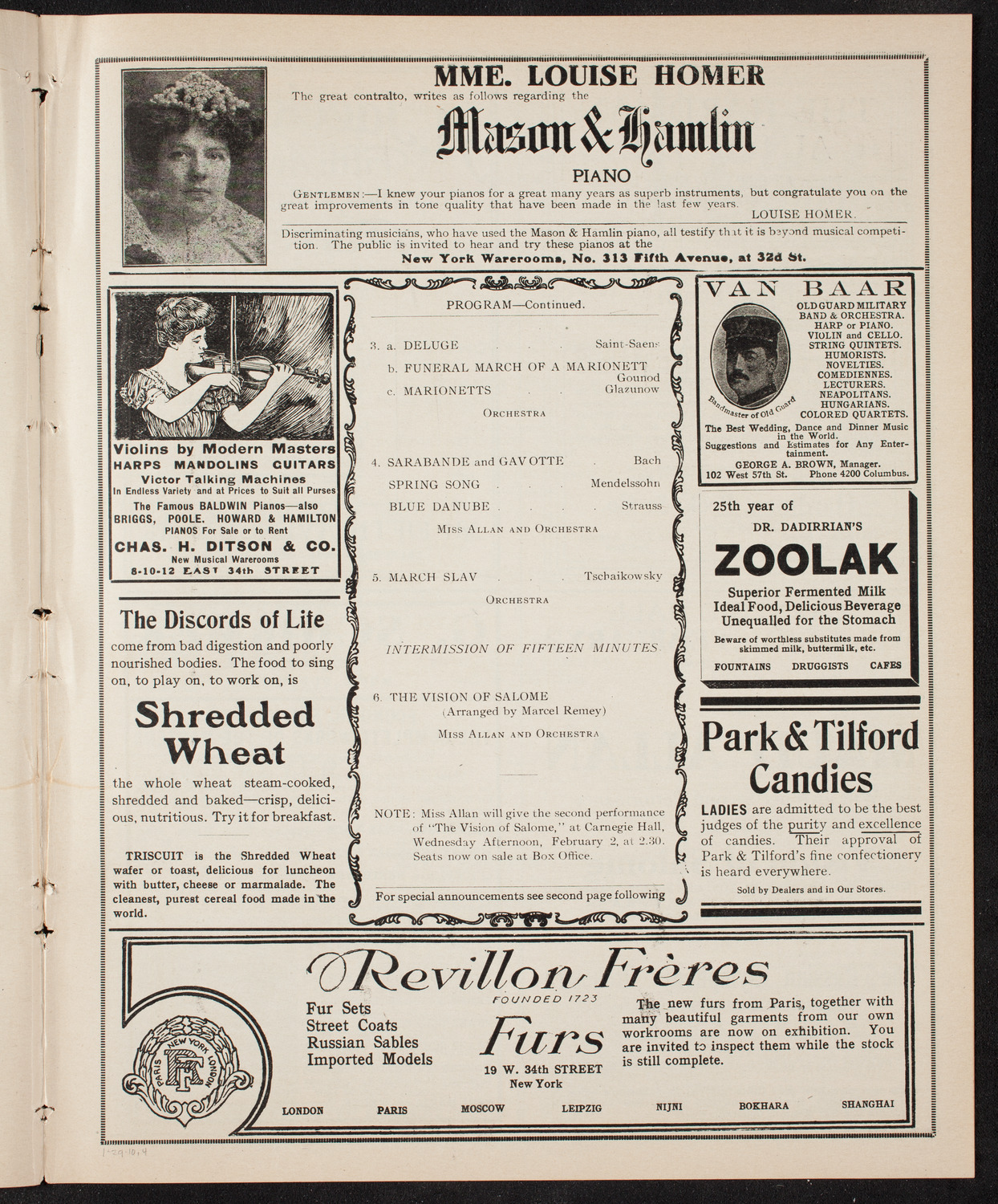 Maud Allan with The Russian Symphony Orchestra, January 29, 1910, program page 7