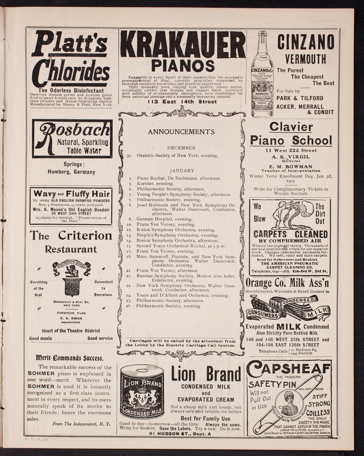 Eugène Ysaÿe, Violin, with the New York Symphony Orchestra, December 31, 1904, program page 3
