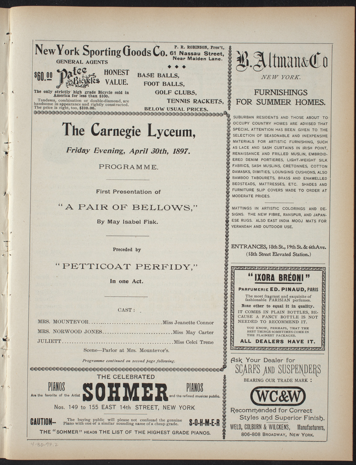First Presentation of "A Pair of Bellows" and "Petticoat Perfidy", April 30, 1897, program page 3