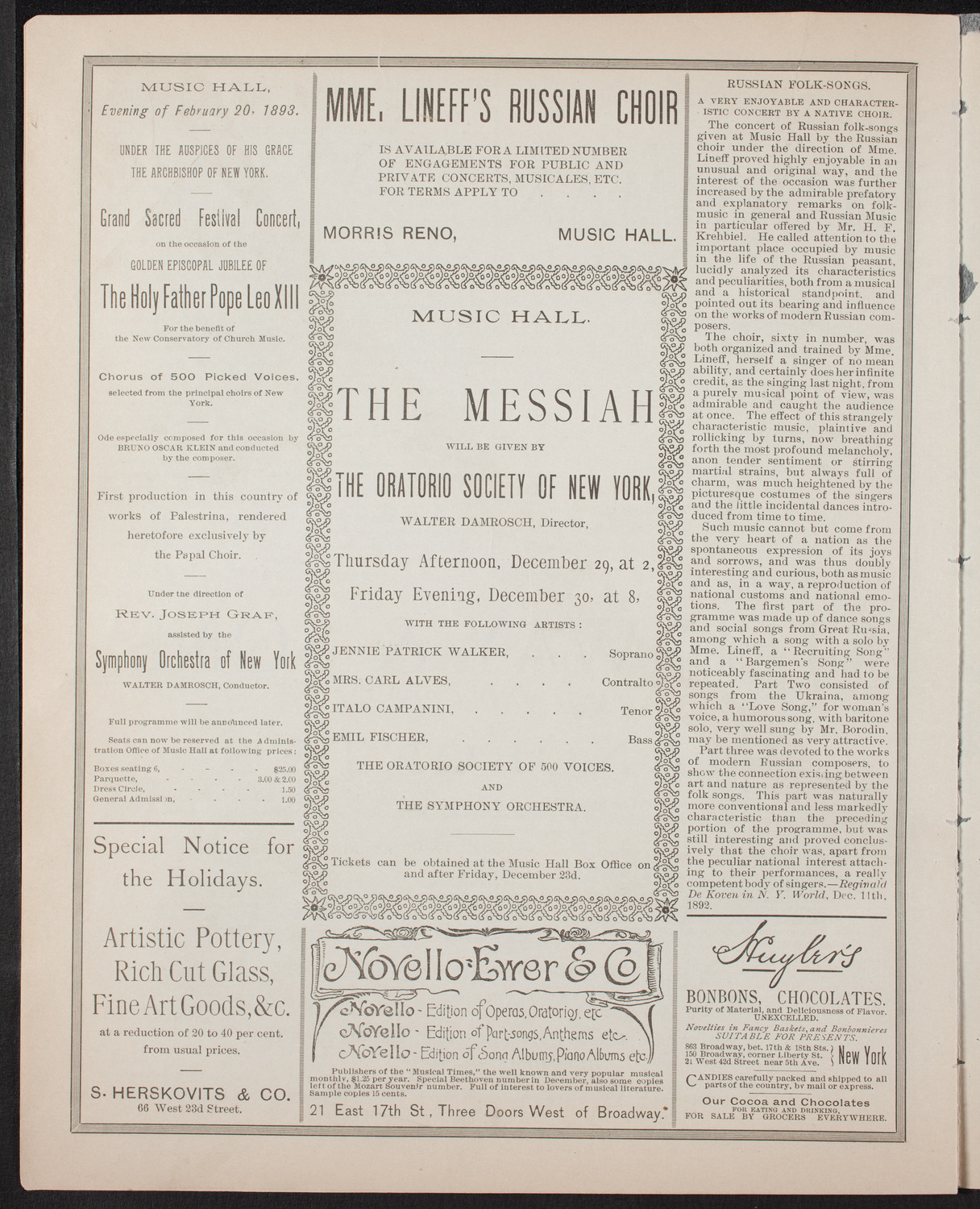 Damrosch Sunday Concert, December 18, 1892, program page 6