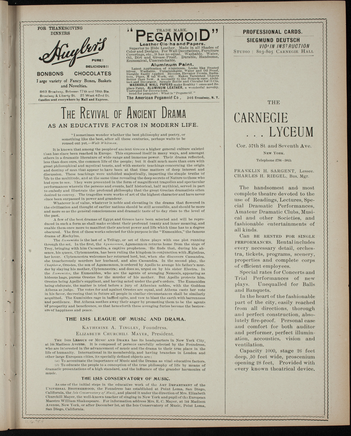 Isis League of Music and Drama Student Production, November 16, 1898, program page 7