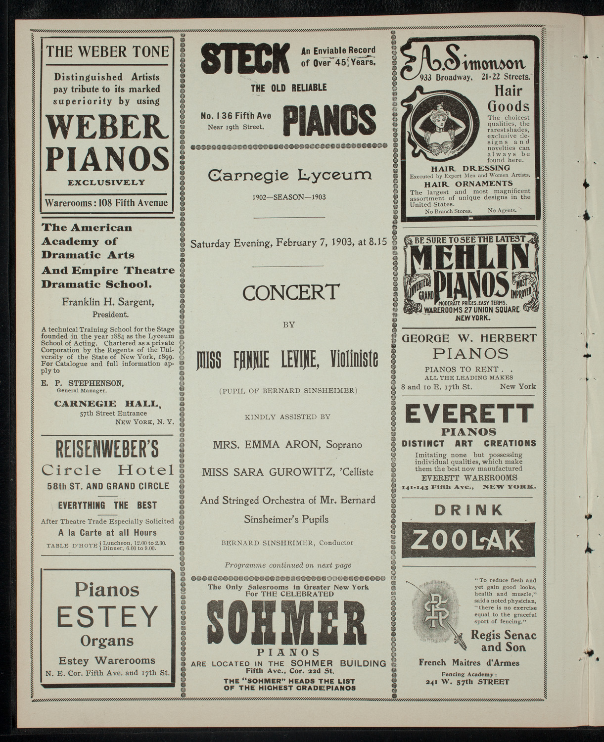 Fannie Levine and Others, February 7, 1903, program page 2