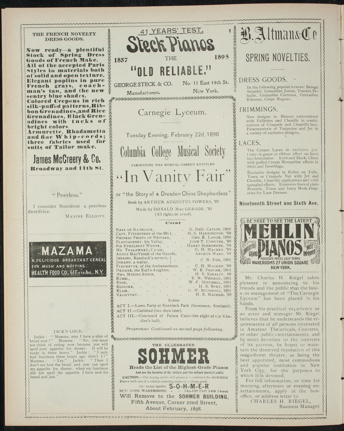 Columbia College Musical Society, February 22, 1898, program page 4