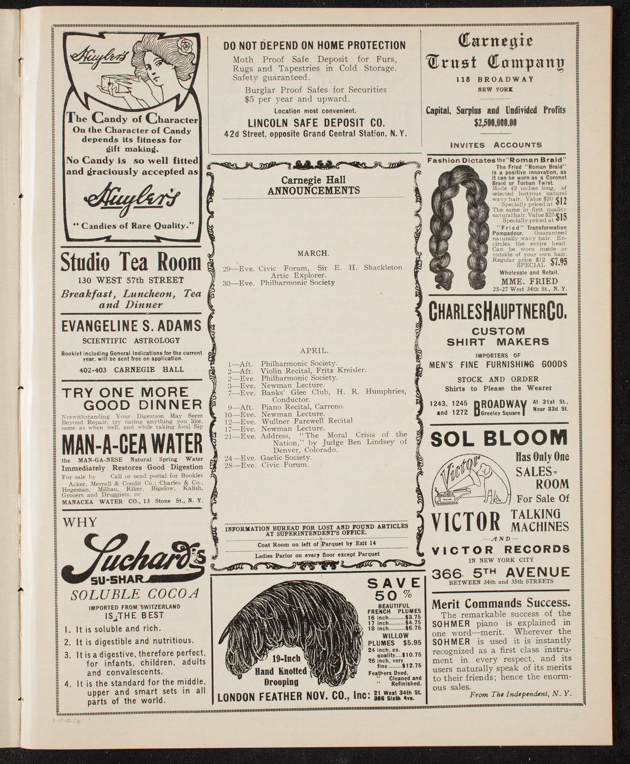 Elmendorf Lecture: Yellowstone Park/ Benefit: St. Andrew's Convalescent Hospital, March 29, 1910, program page 3