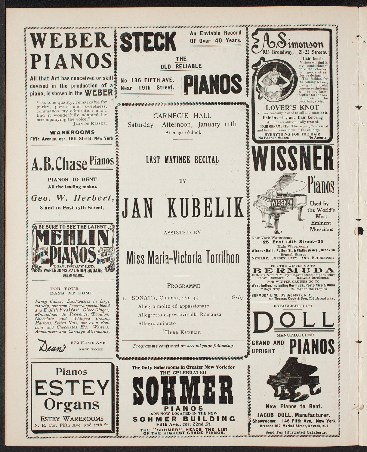 Jan Kubelik, Violin, with Maria-Victoria Torrilhon, Piano, January 11, 1902, program page 6