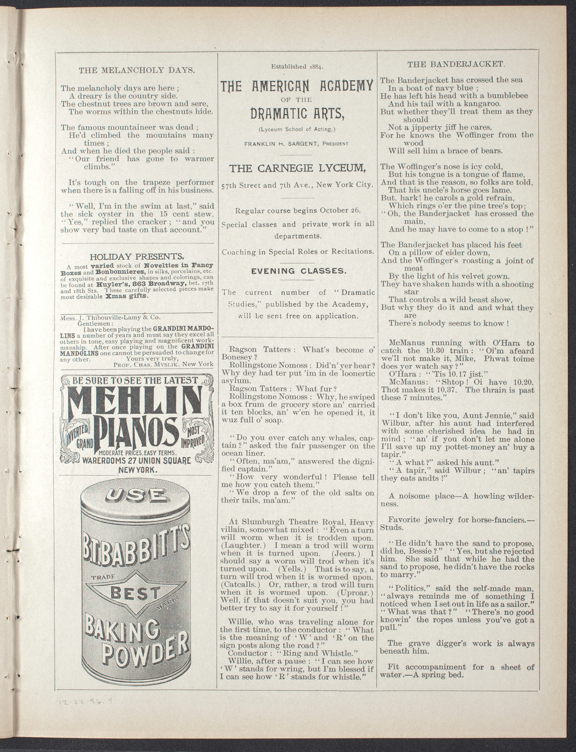 American Academy of Dramatic Arts Alumni Society, December 22, 1896, program page 7