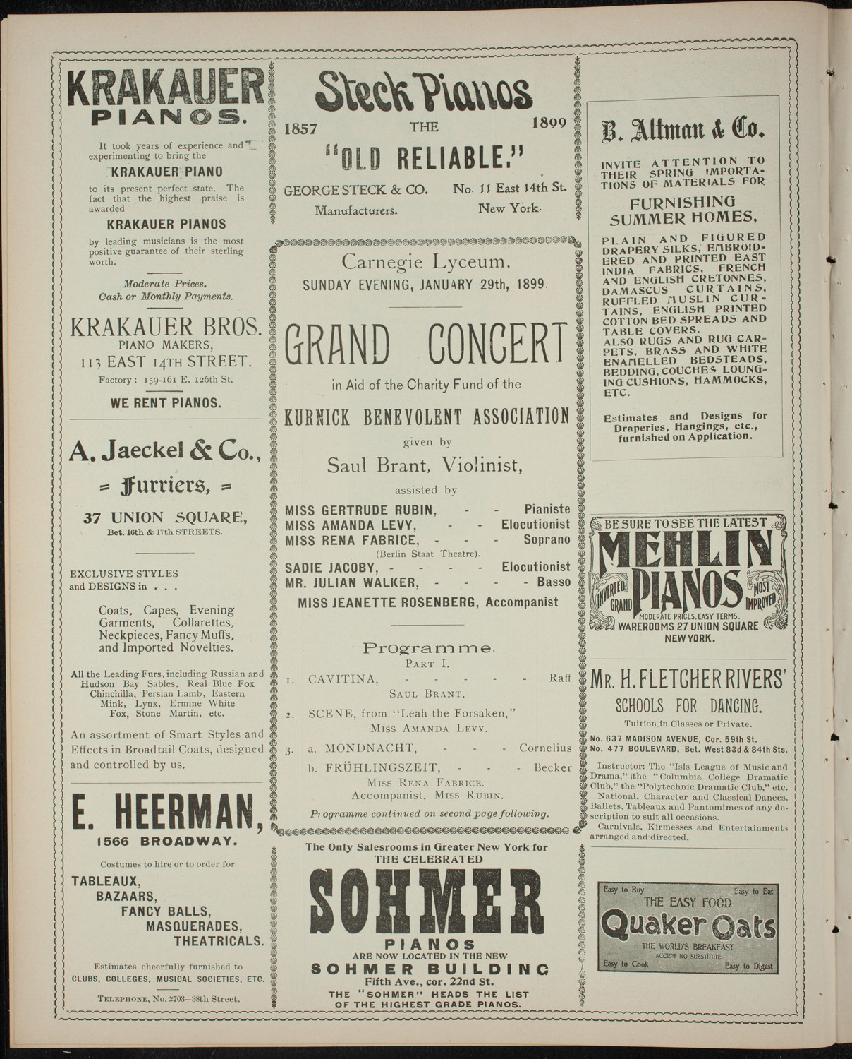 Saul Brant and Others/ Benefit: Kurnick Benevolent Association, January 29, 1899, program page 4