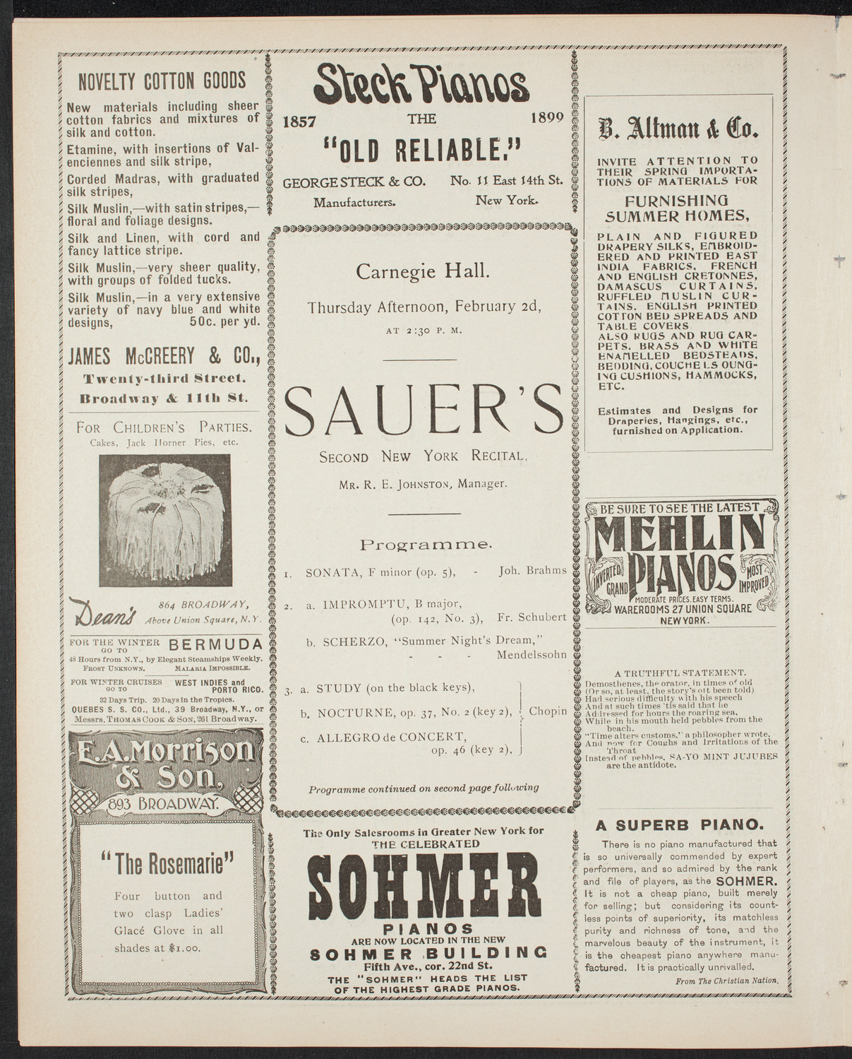 Emil Sauer, Piano, February 2, 1899, program page 4