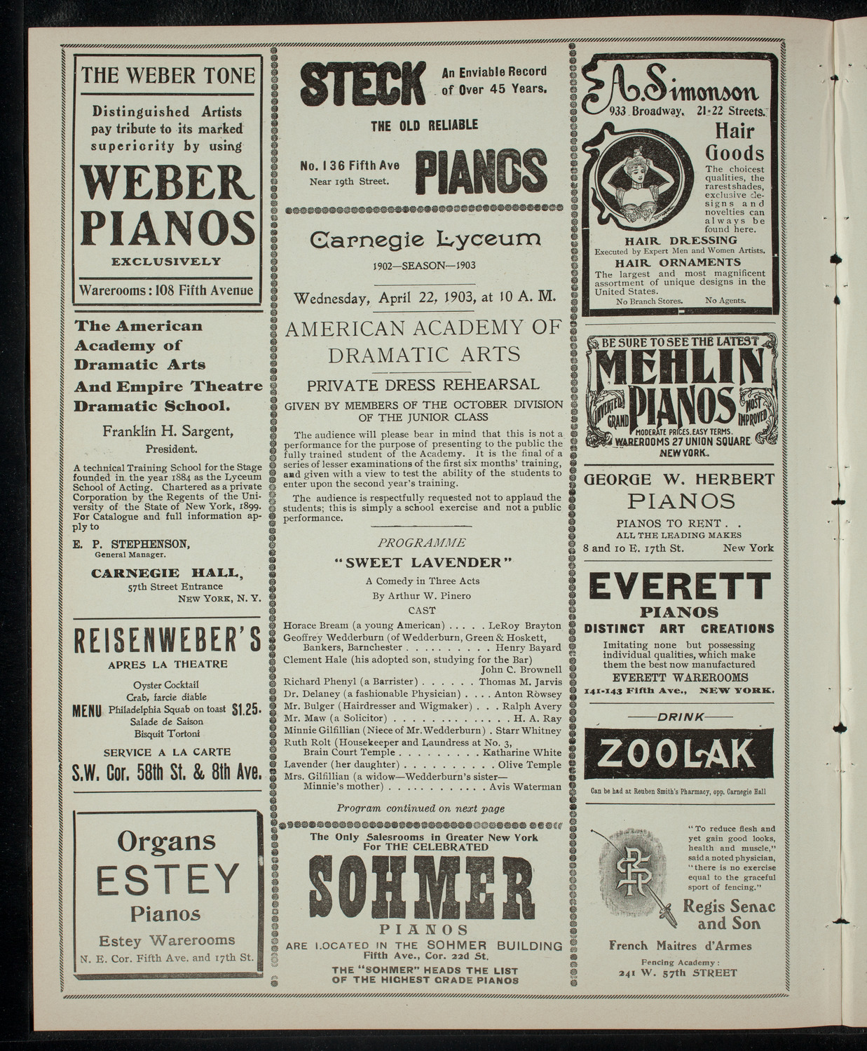 American Academy of Dramatic Arts, April 22, 1903, program page 2